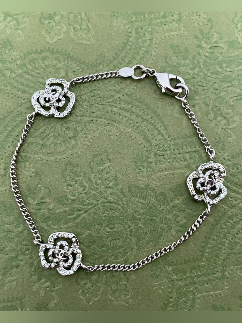 CHANEL Camellia Three Flower Crystal Bracelet 07P